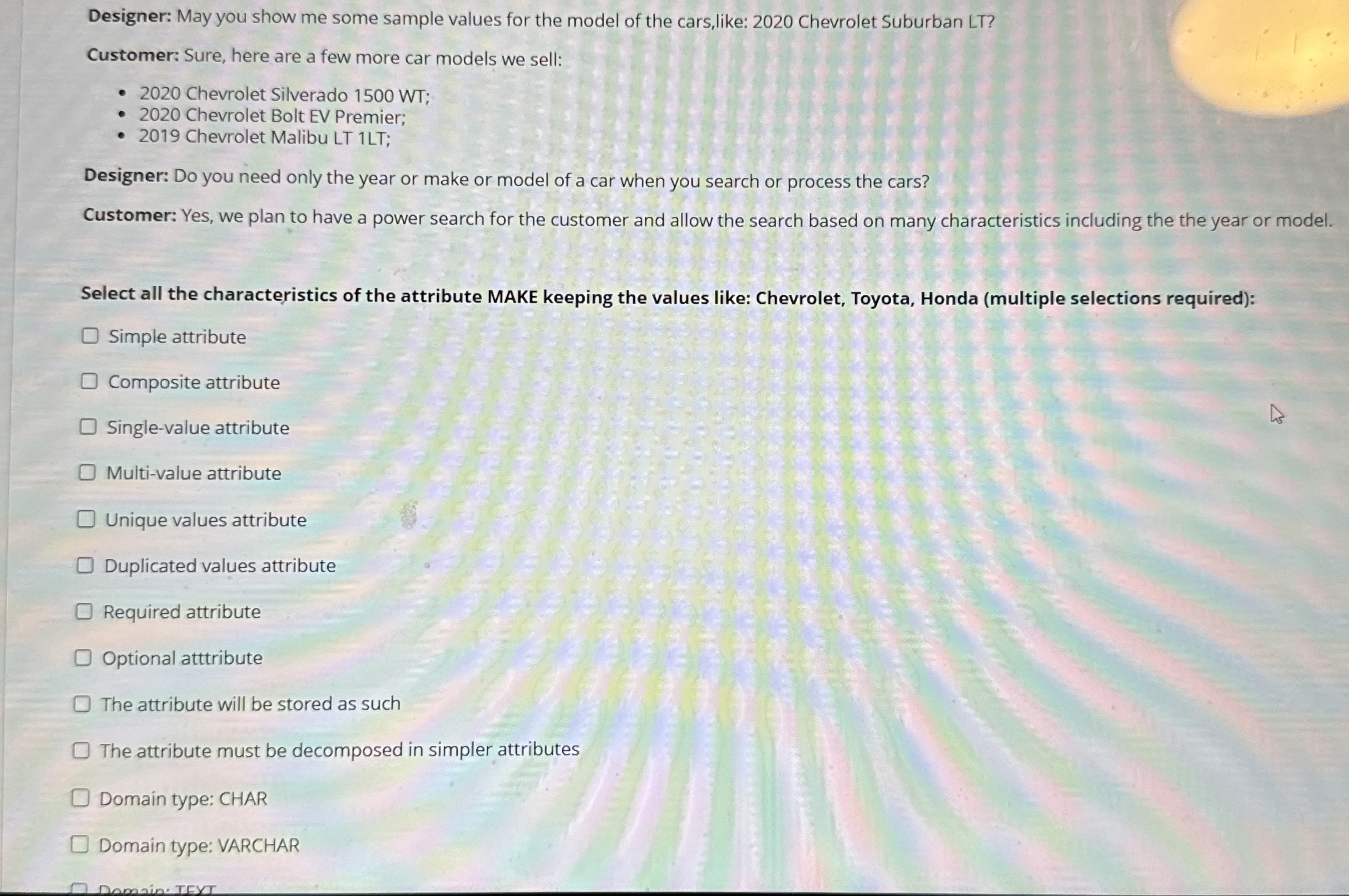 Designer: May you show me some sample values for
