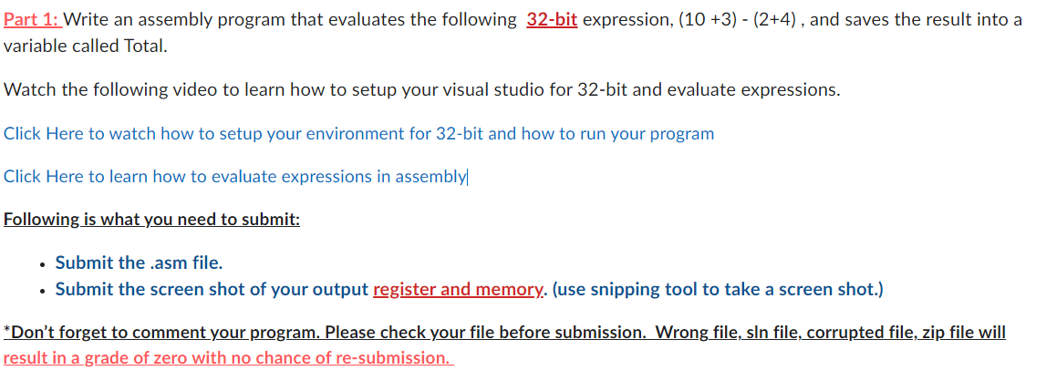 Part 1 : Write an assembly program that evaluates