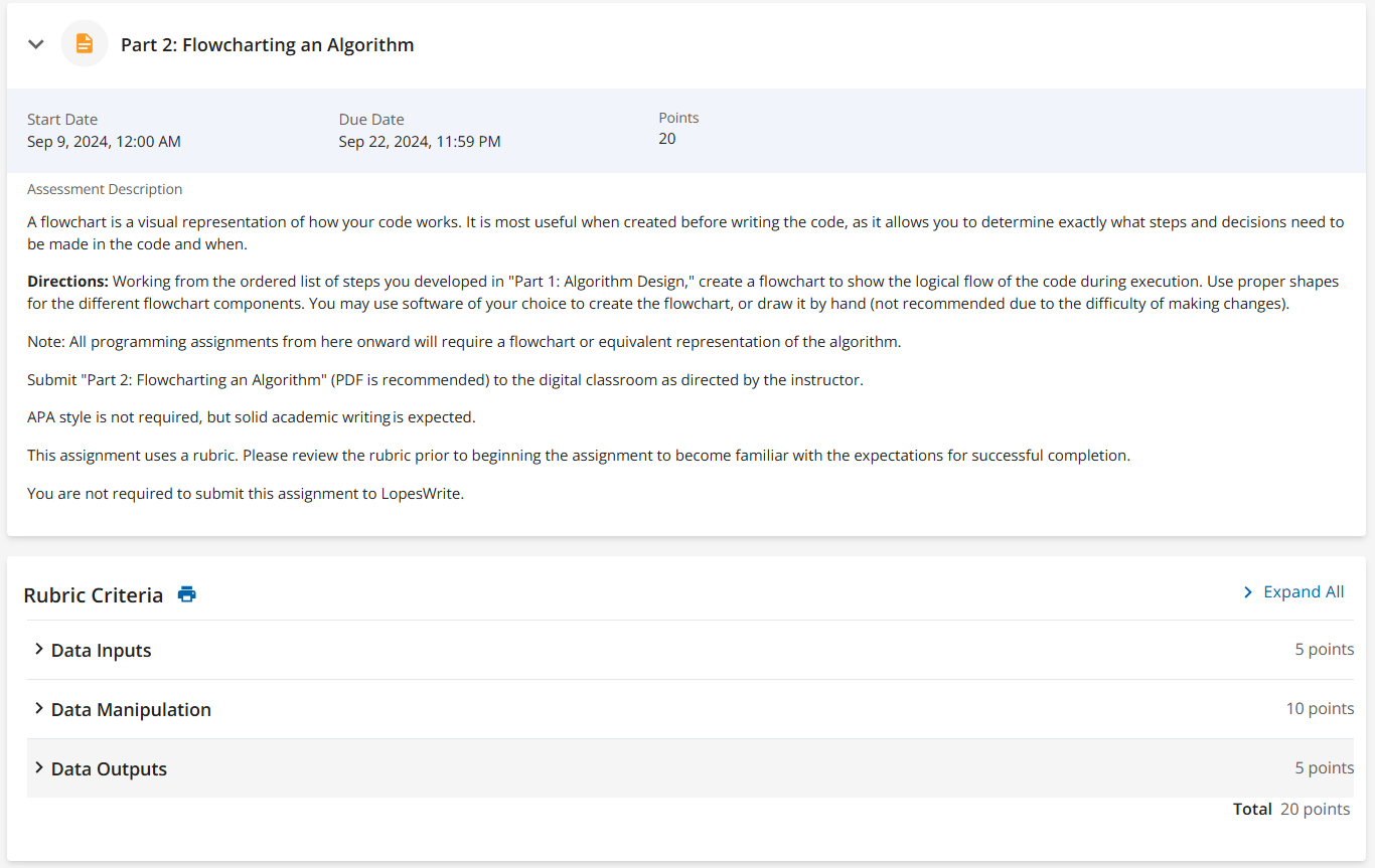 Part 2 : Flowcharting an Algorithm Start Date Sep