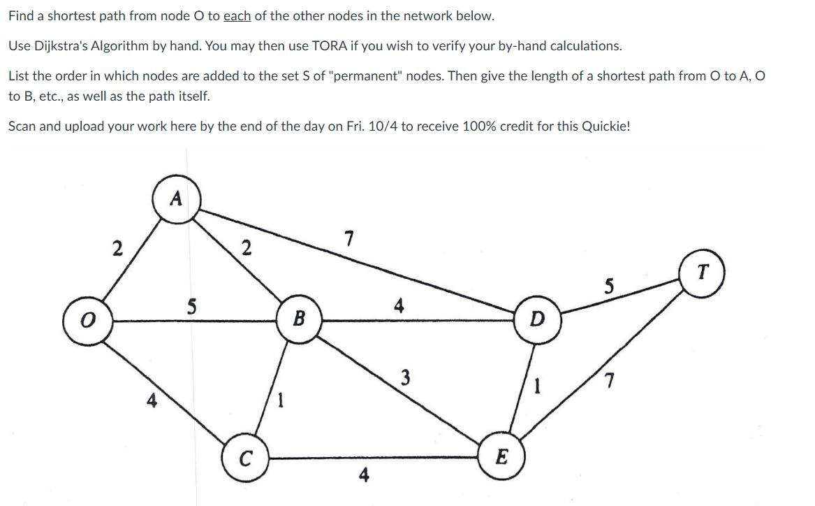 Find a shortest path from node O to each of the