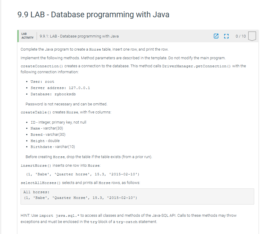 9 . 9 LAB - Database programming with Java LAB 9