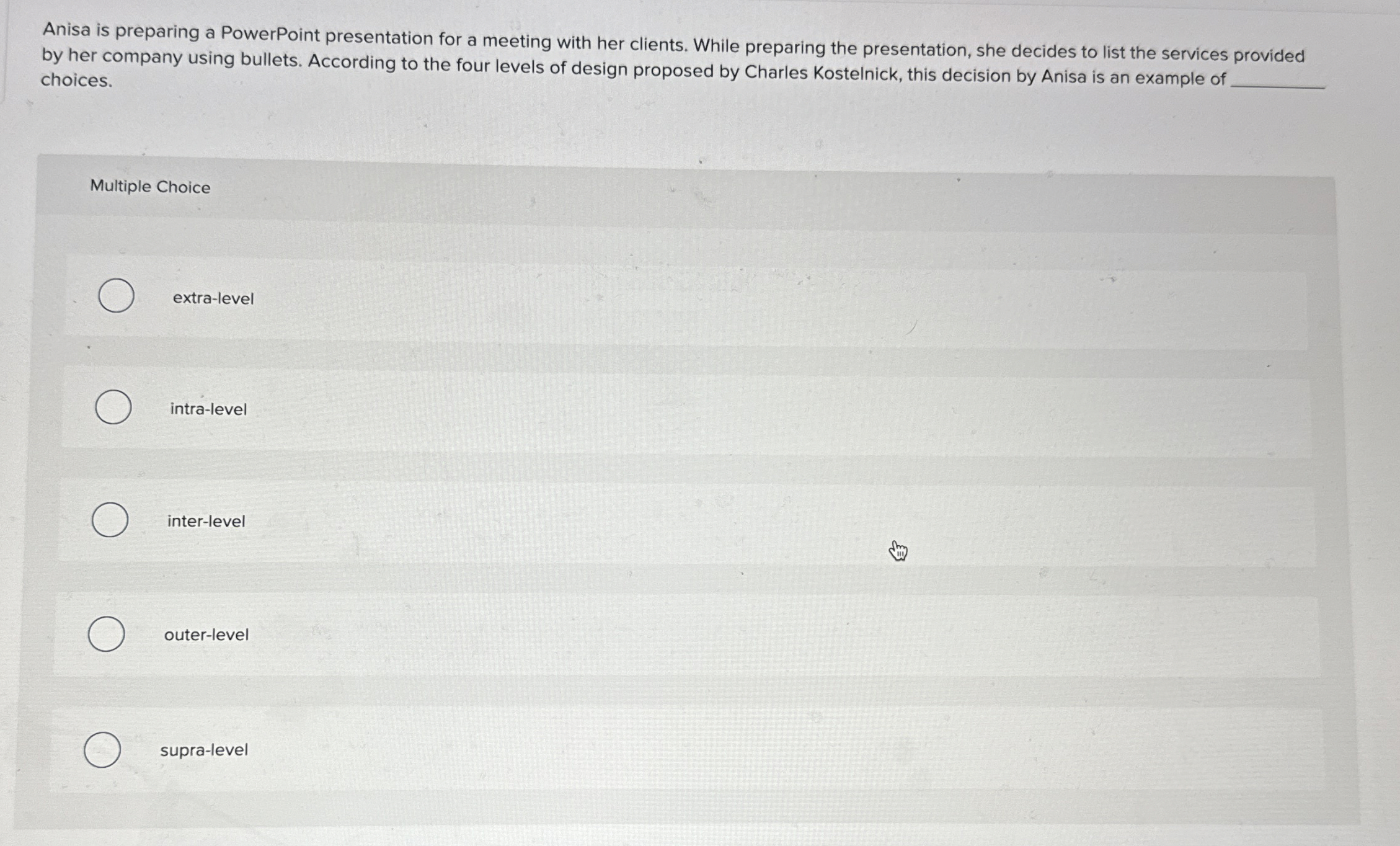 Anisa is preparing a PowerPoint presentation for