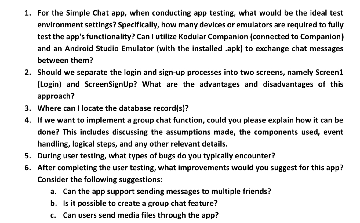 For the Simple Chat app, when conducting app