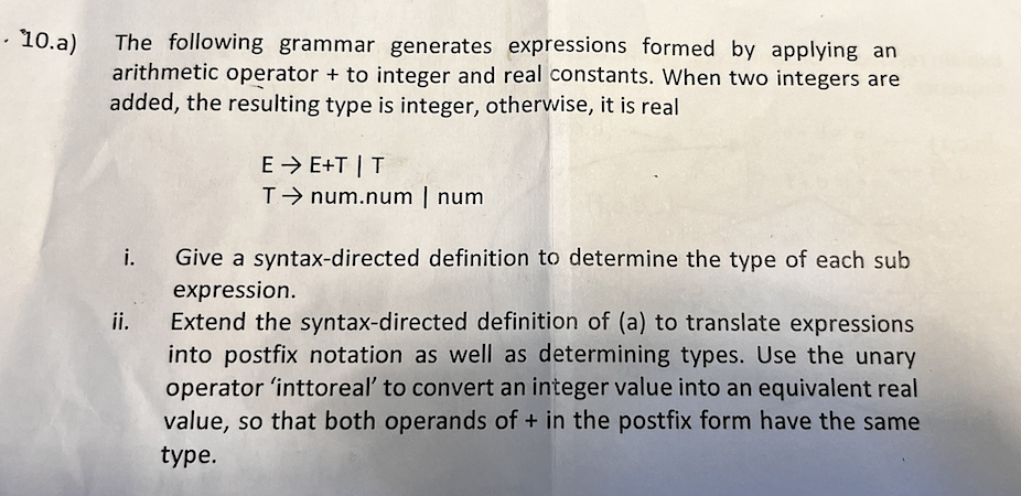 1 0 . a ) The following grammar generates