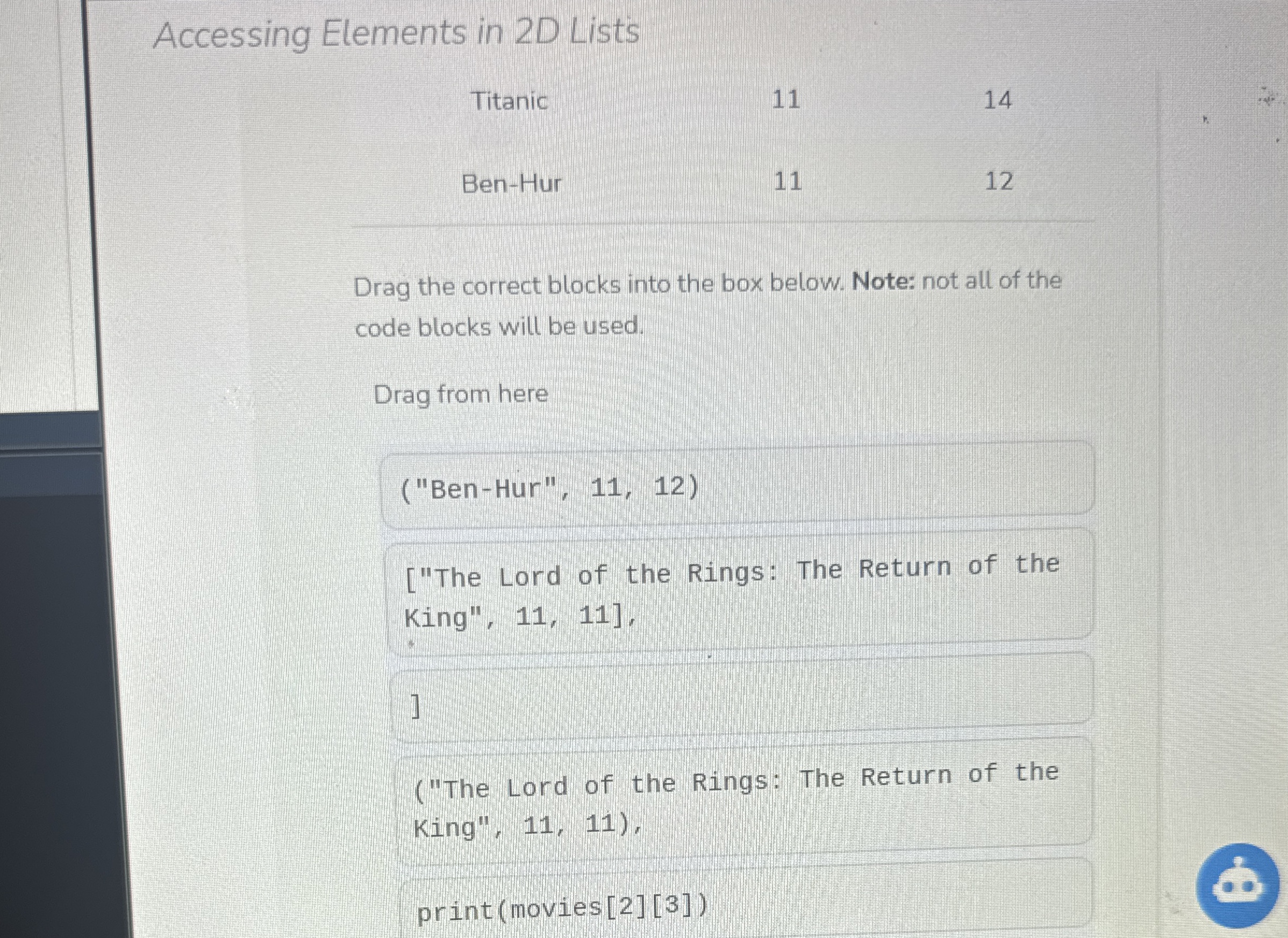 Accessing Elements in 2 D Lists Titanic 1 1 1 4