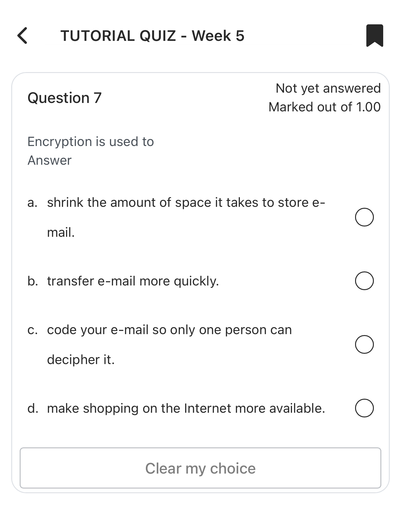 Question 7 Not yet answered Marked out of 1 . 0 0