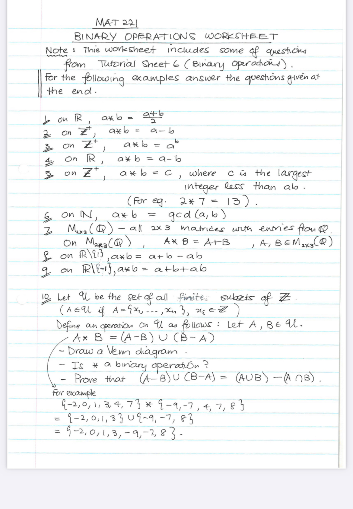 MAT 2 2 1 BINARY OPERATIONS WORKSHEET Note: This