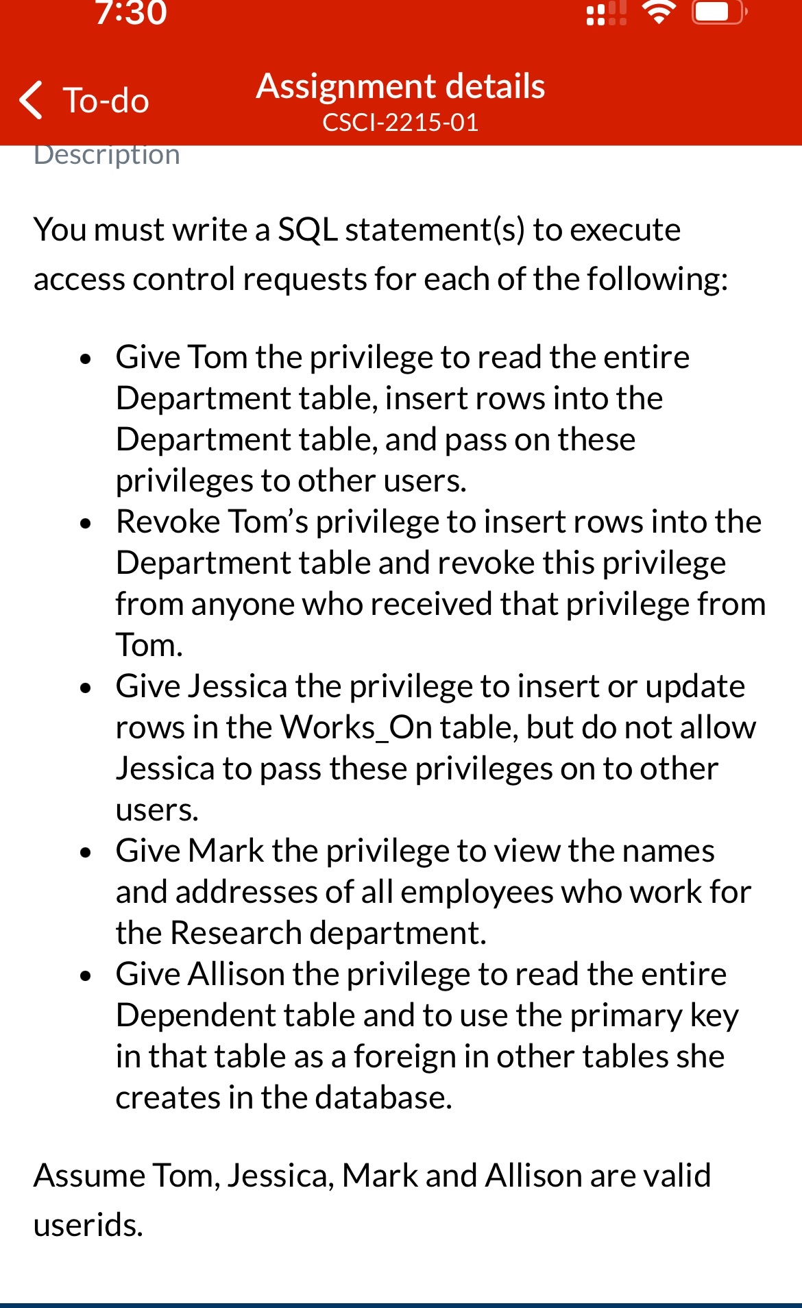 7 : 3 0 To - do Assignment details CSCI - 2 2 1 5