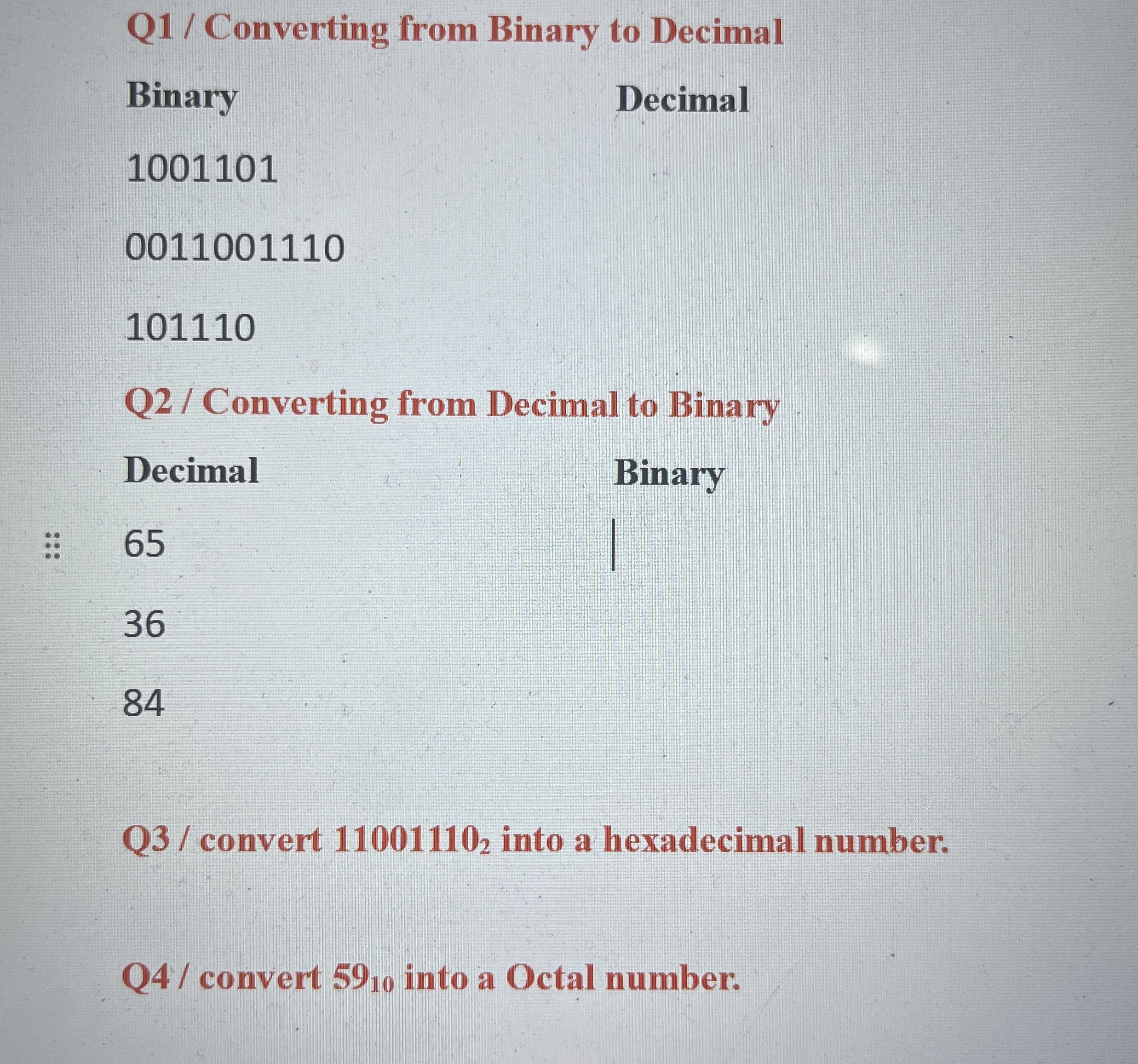Q 1 / Converting from Binary to Decimal Binary