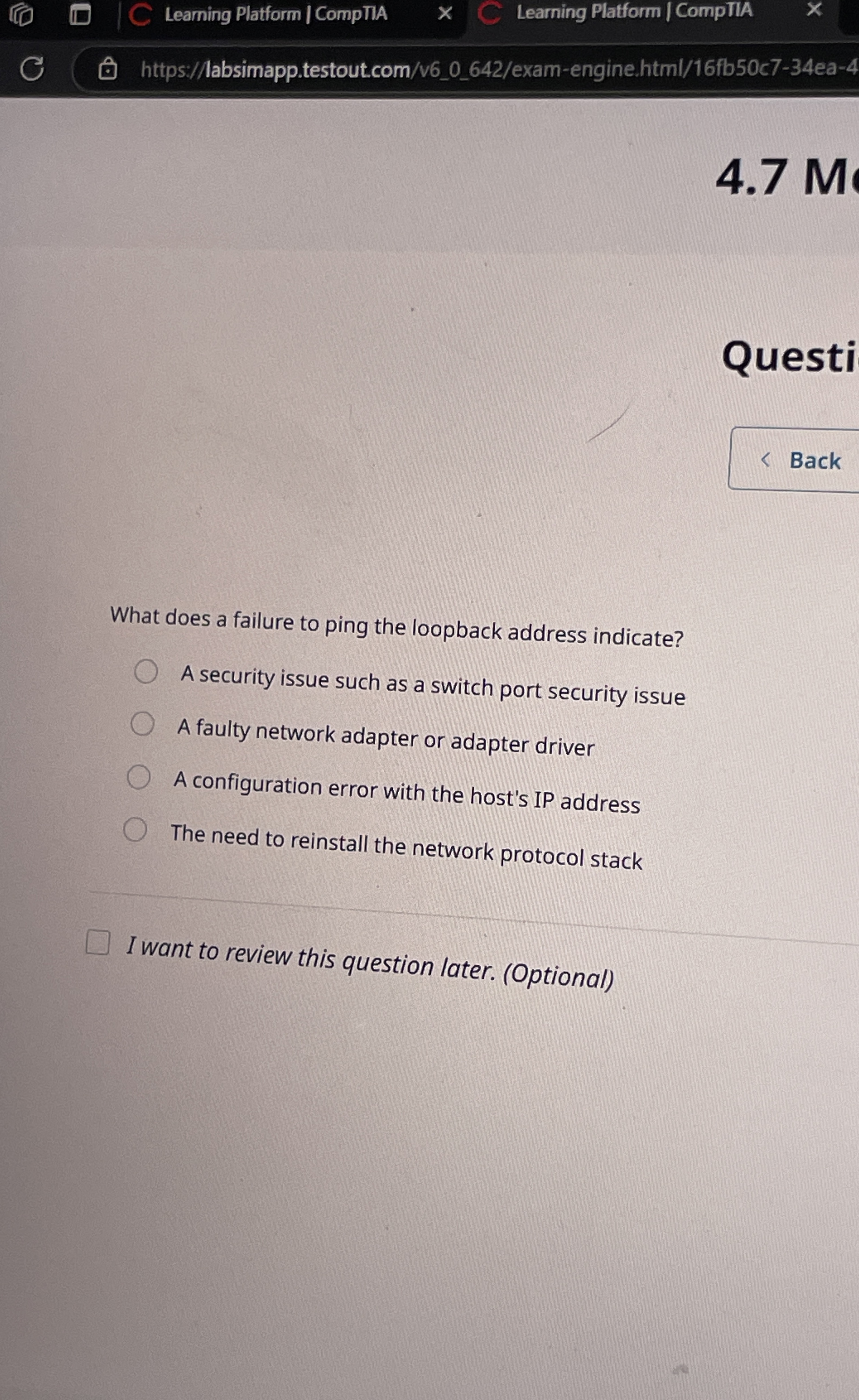 What does a failure to ping the loopback address