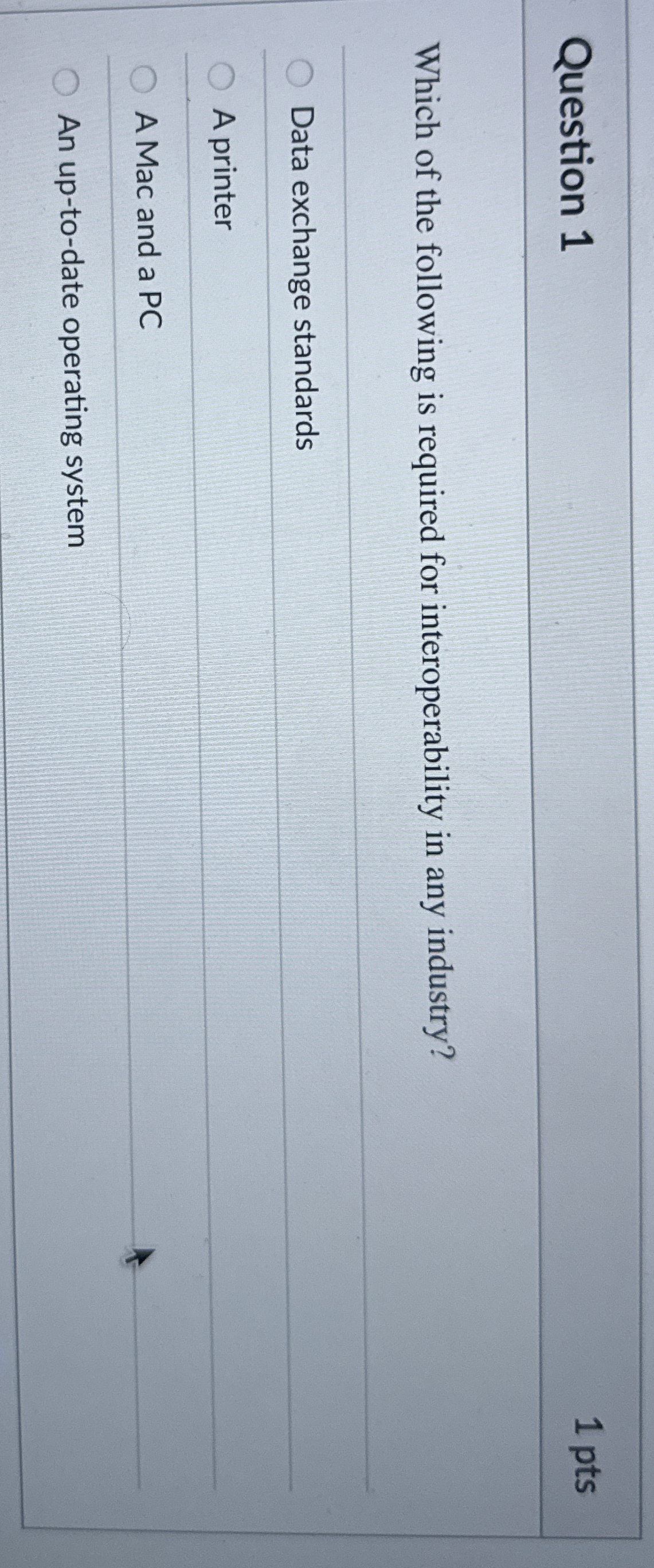 Question 1 1 pts Which of the following is