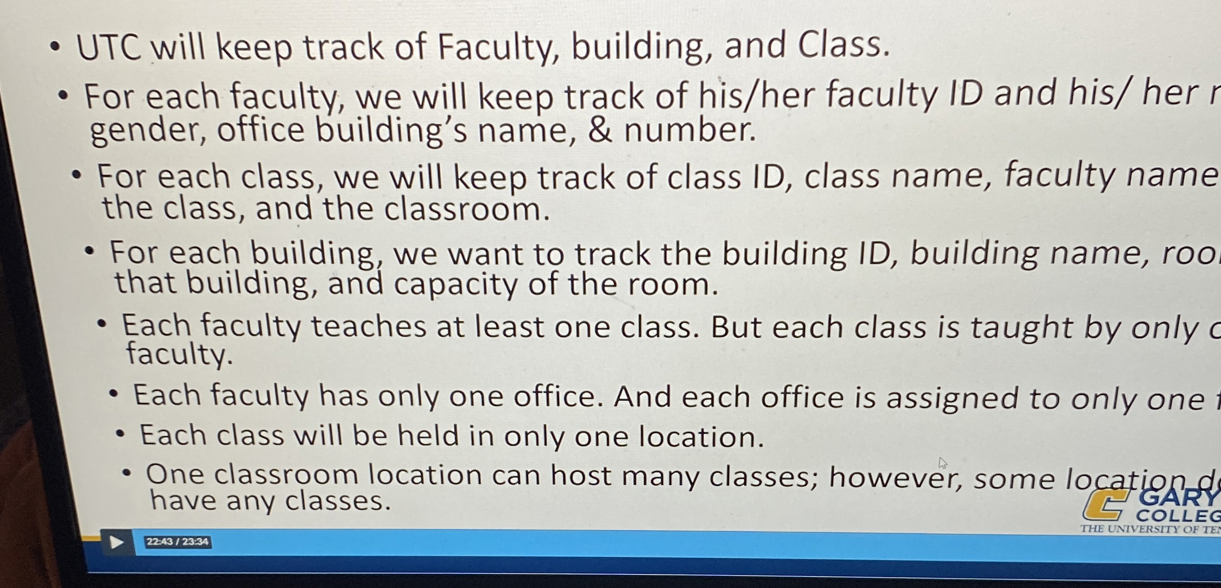 UTC will keep track of Faculty, building, and