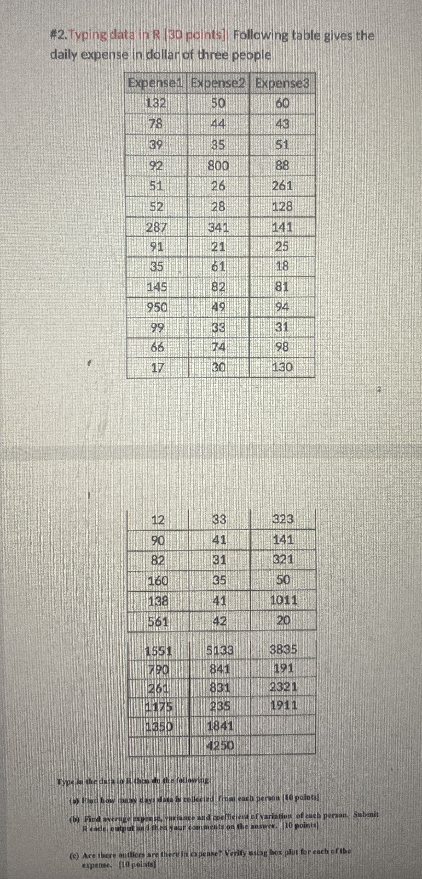 # 2 . Typing data in R [ 3 0 points ] : Following