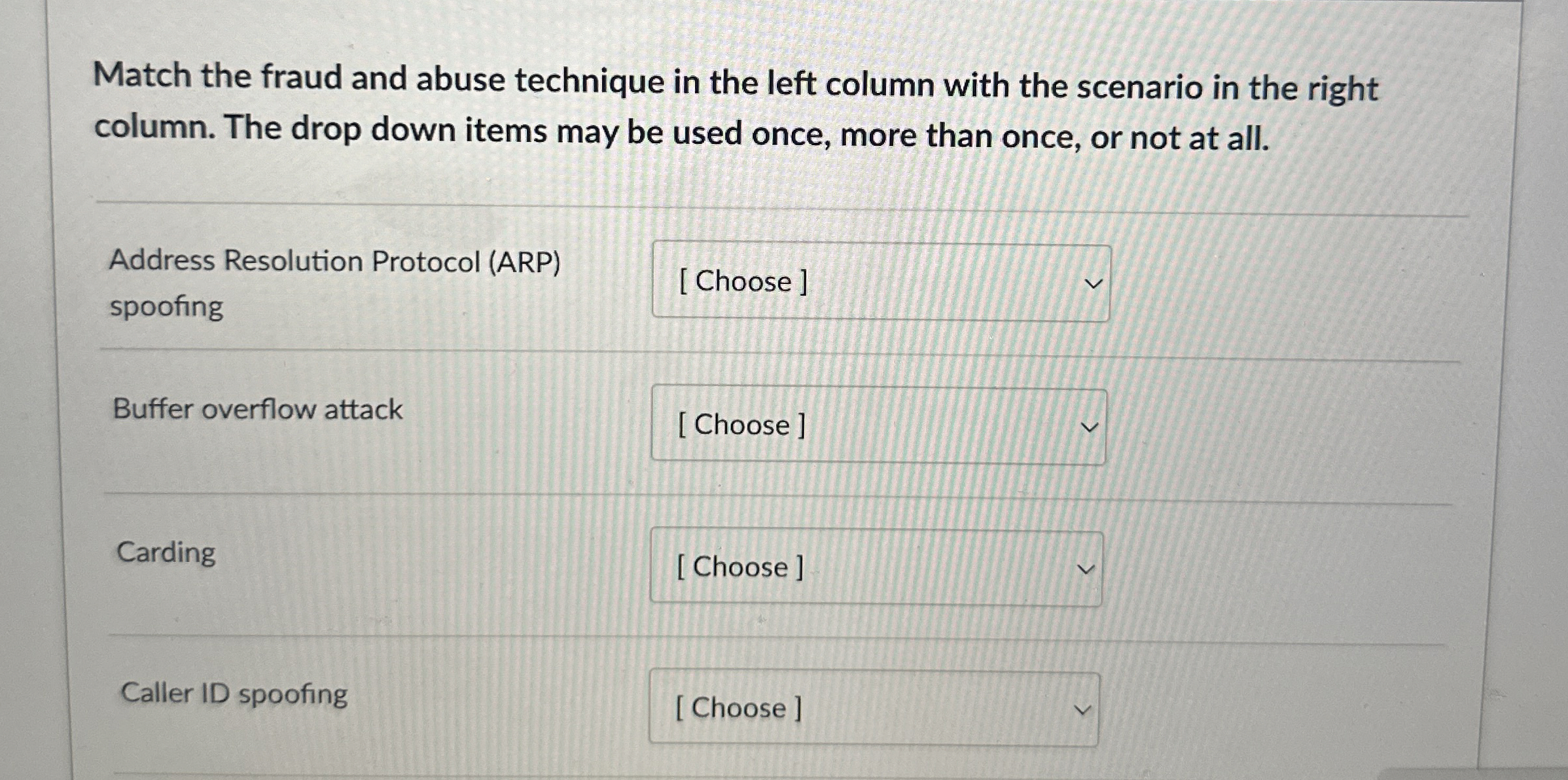 Match the fraud and abuse technique in the left