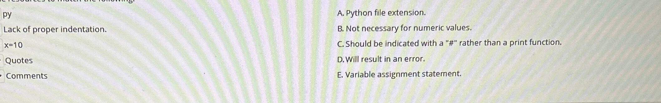 py Lack of proper indentation. x = 1 0 Quotes