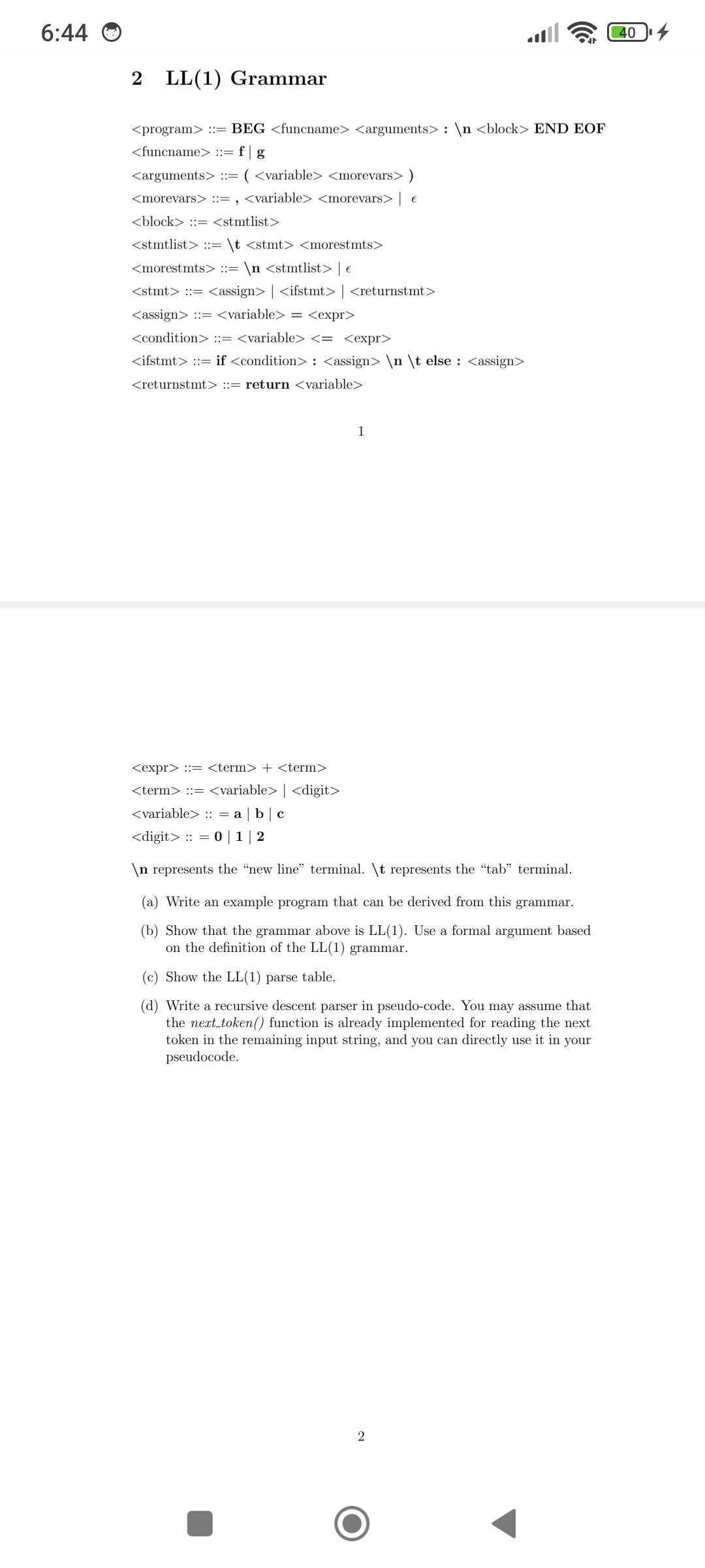 2 LL ( 1 ) Grammar ` ` ` :: = BEG : END EOF :: =