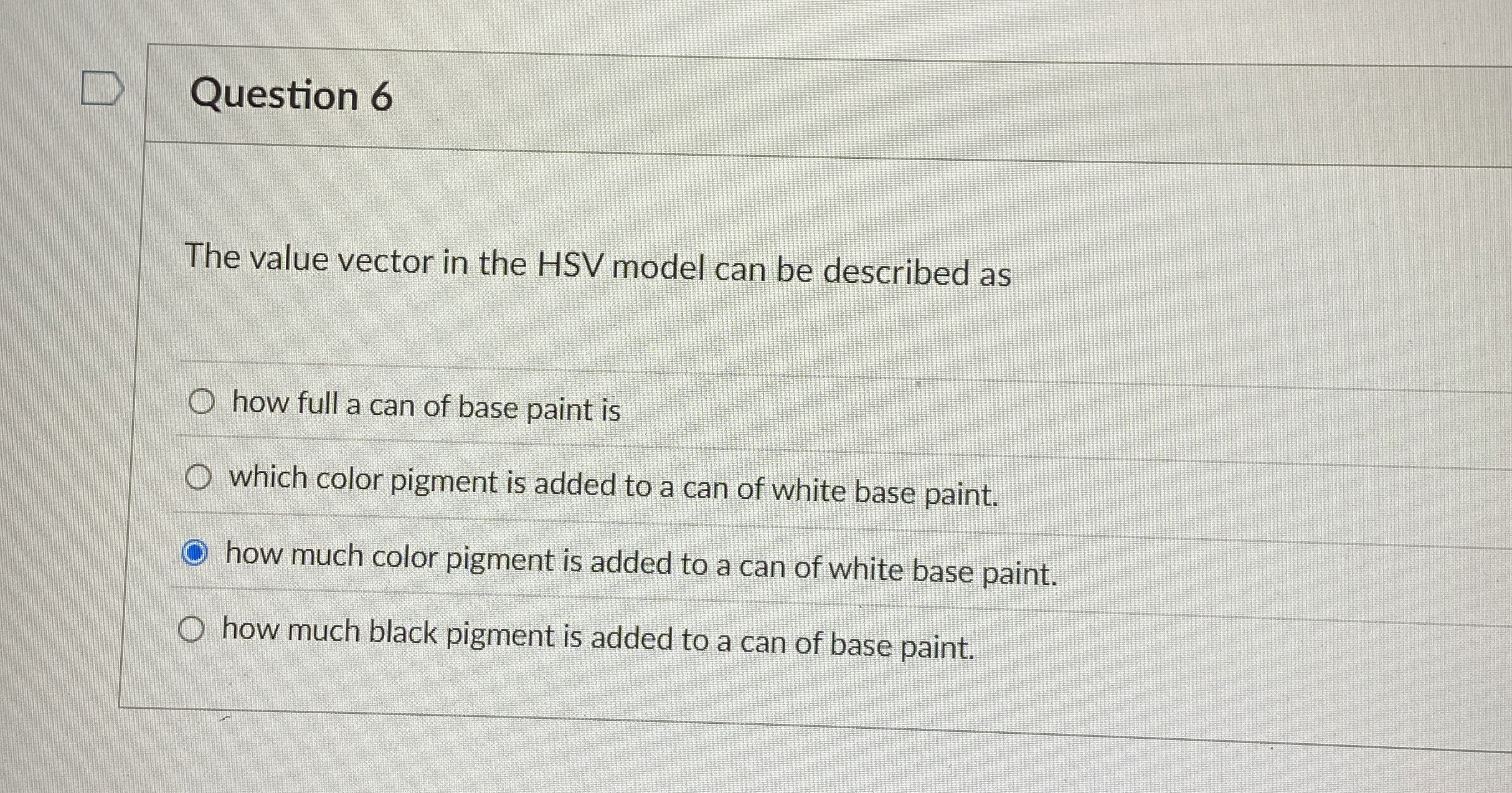 Question 6 The value vector in the HSV model can