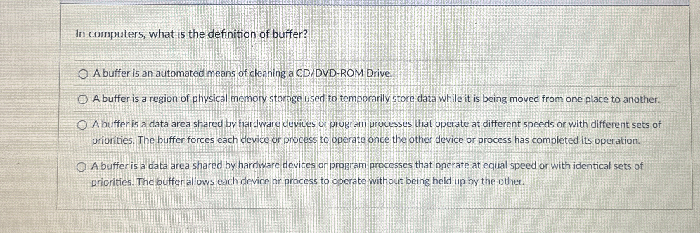 In computers, what is the definition of buffer? A
