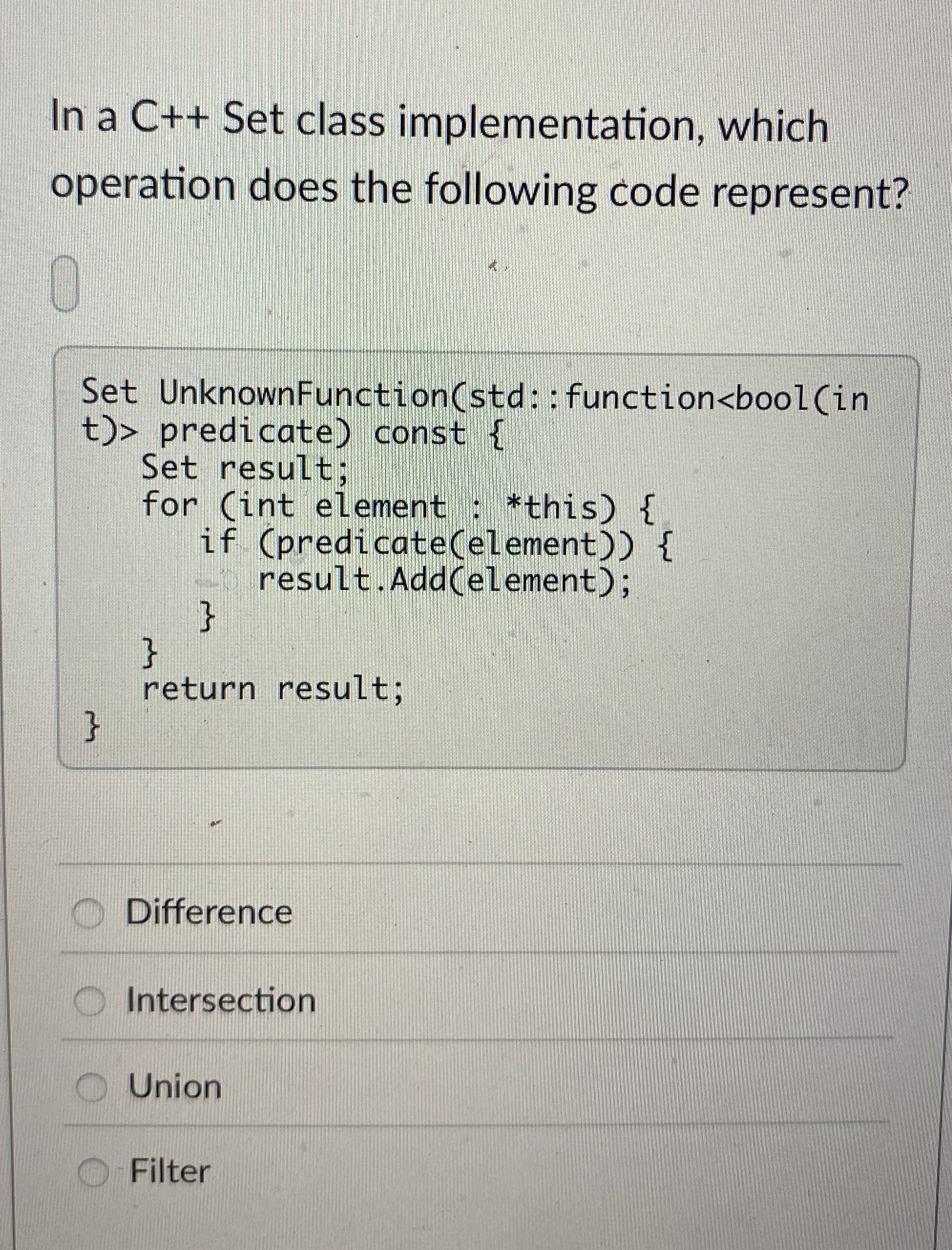 In a C + + Set class implementation, which