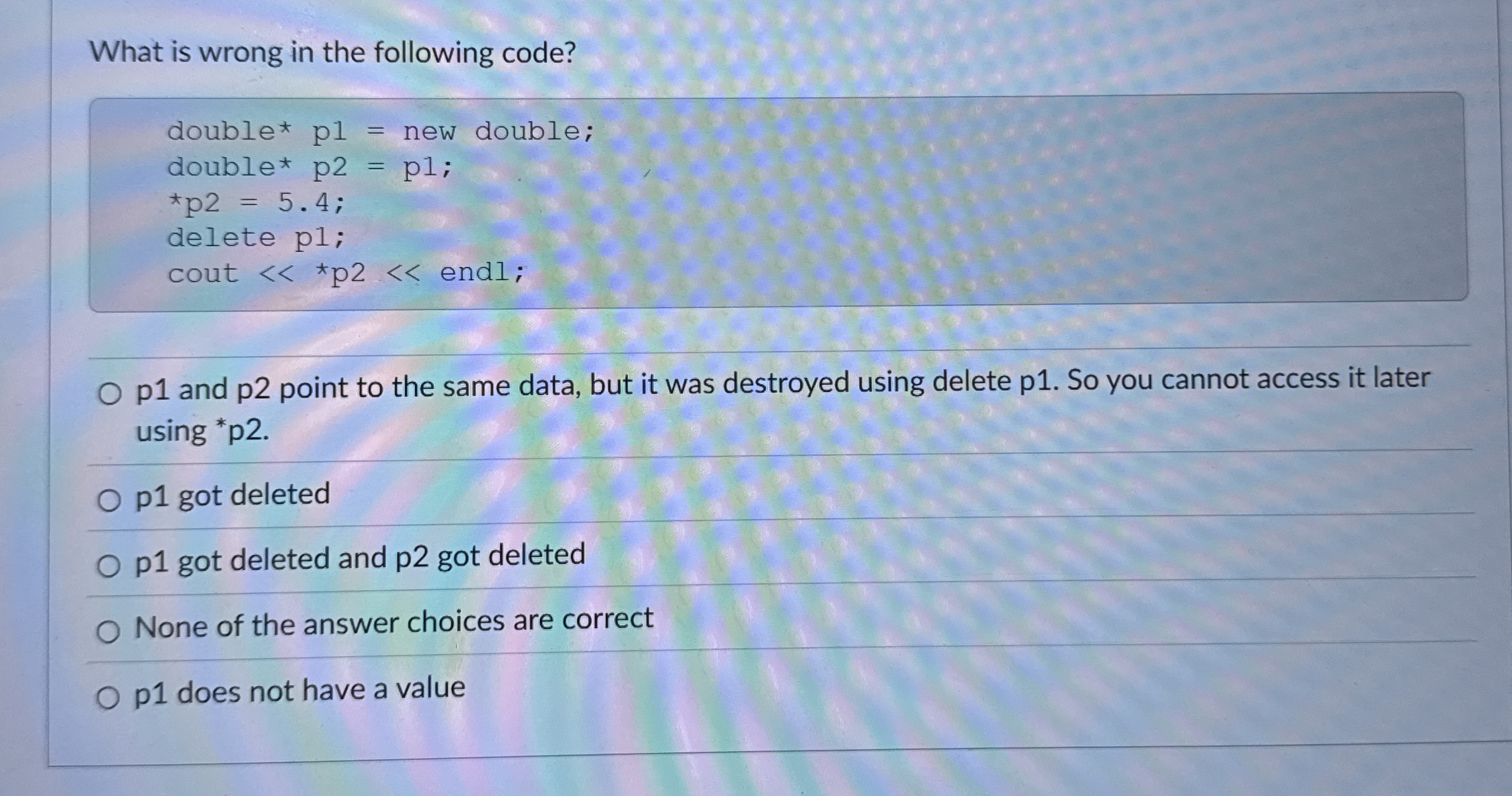 What is wrong in the following code? double * p 1