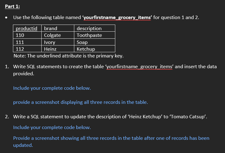 SQL in PL / SQL Use the following table named