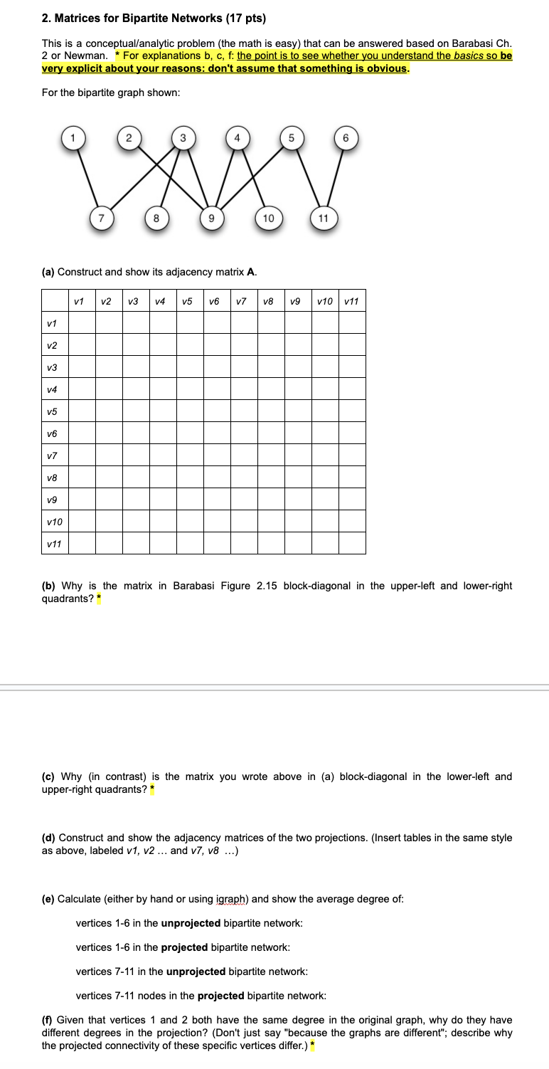 Matrices for Bipartite Networks ( 1 7 pts ) This