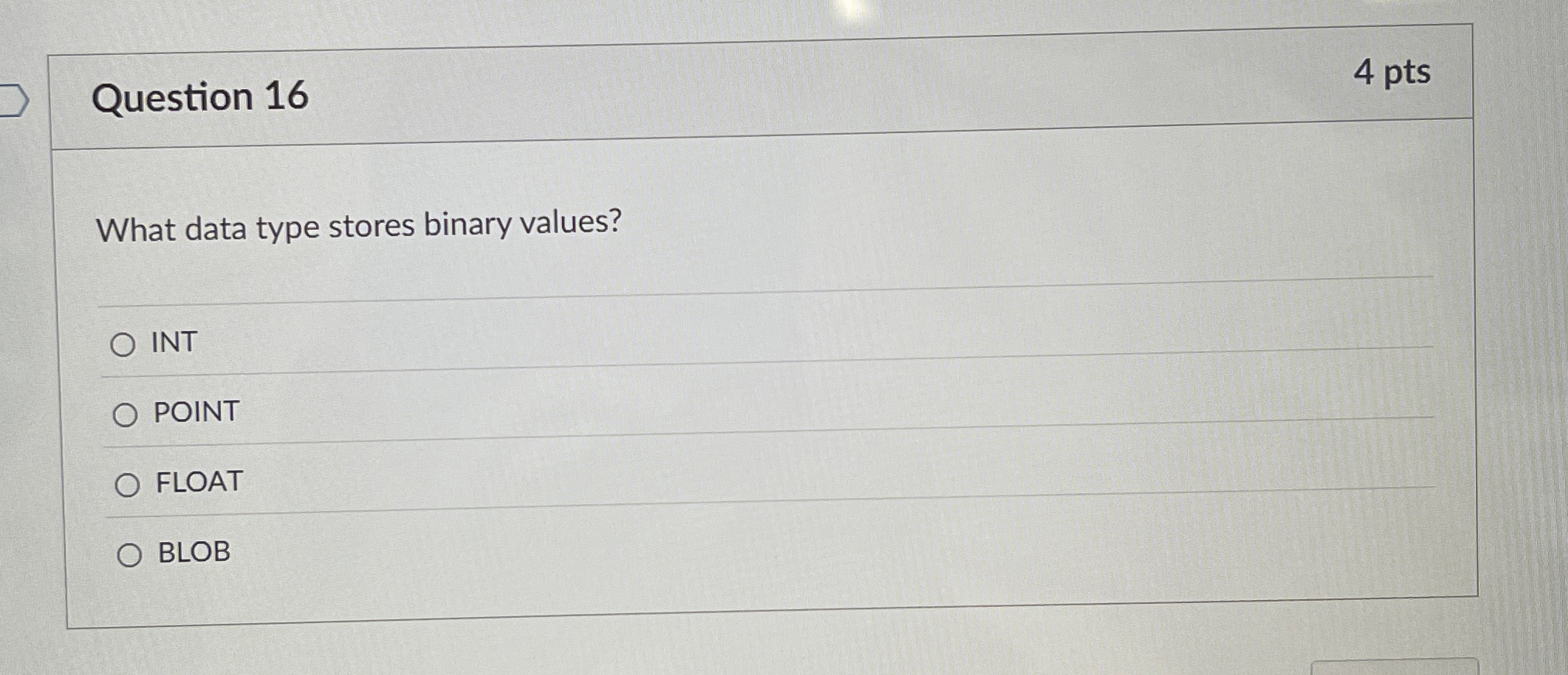 Question 1 6 What data type stores binary values?