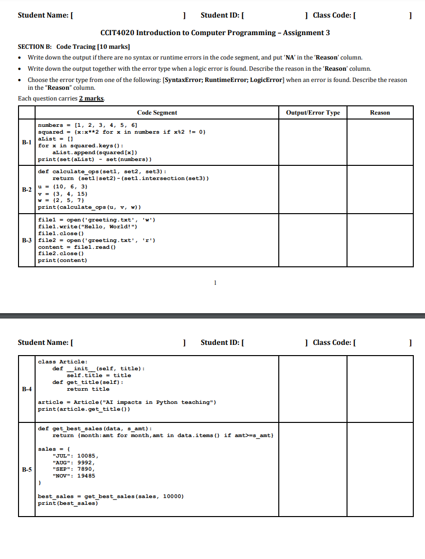 CCIT 4 0 2 0 Introduction to Computer Programming
