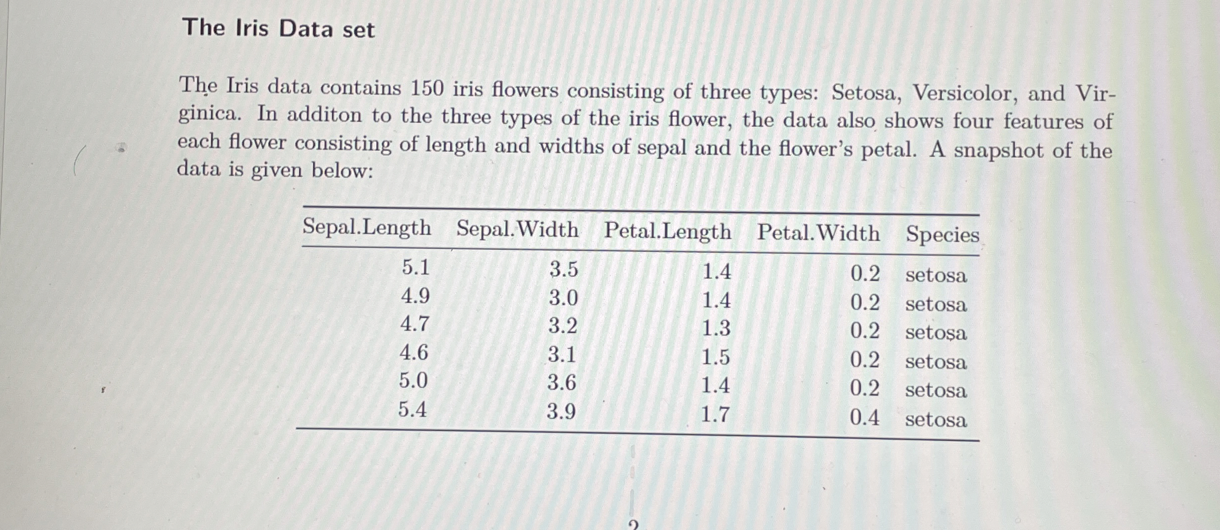 The Iris Data set The Iris data contains 1 5 0