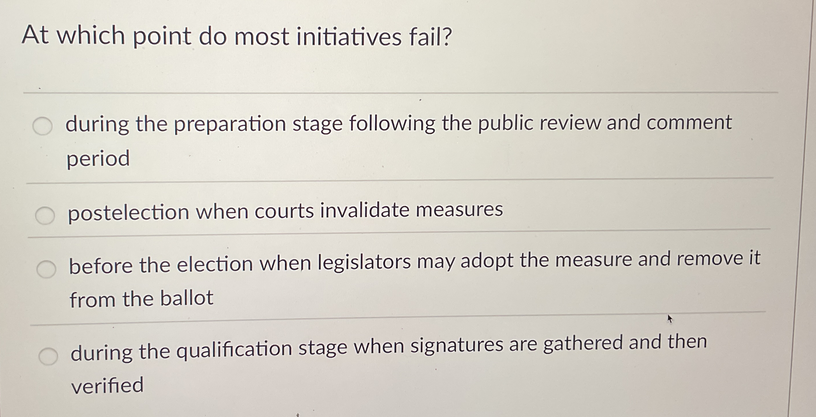 At which point do most initiatives fail? during