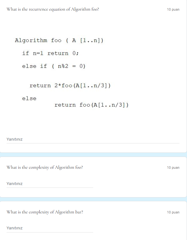 What is the recurrence equation of Algorithm foo?