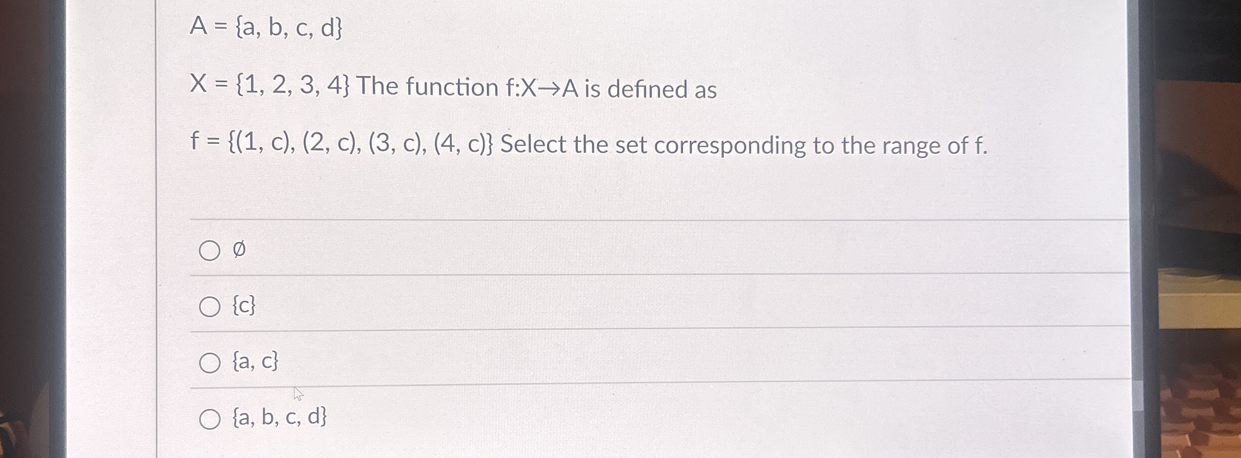 A = { a , b , c , d } x = { 1 , 2 , 3 , 4 } The