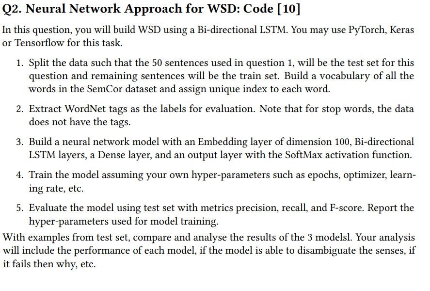 Q 2 . Neural Network Approach for WSD: Code [ 1 0