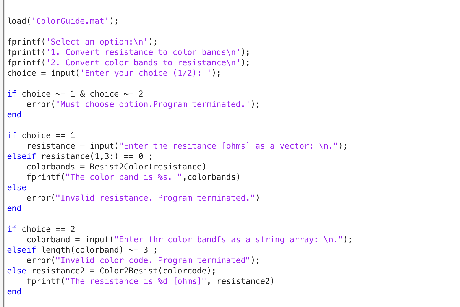 error with matlab code. Will provide task and
