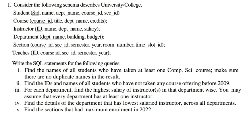 Consider the following schema describes