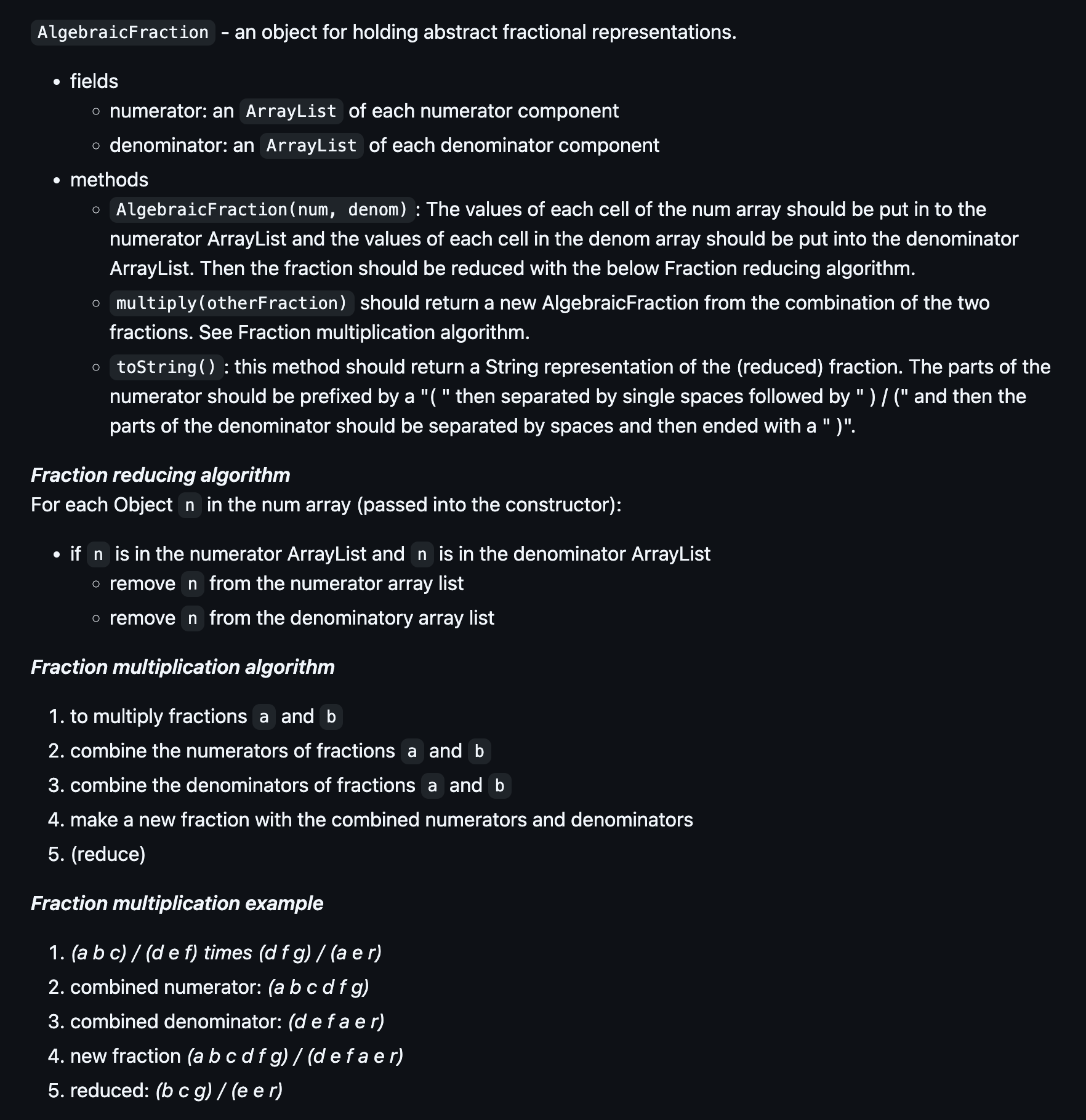 AlgebraicFraction - an object for holding