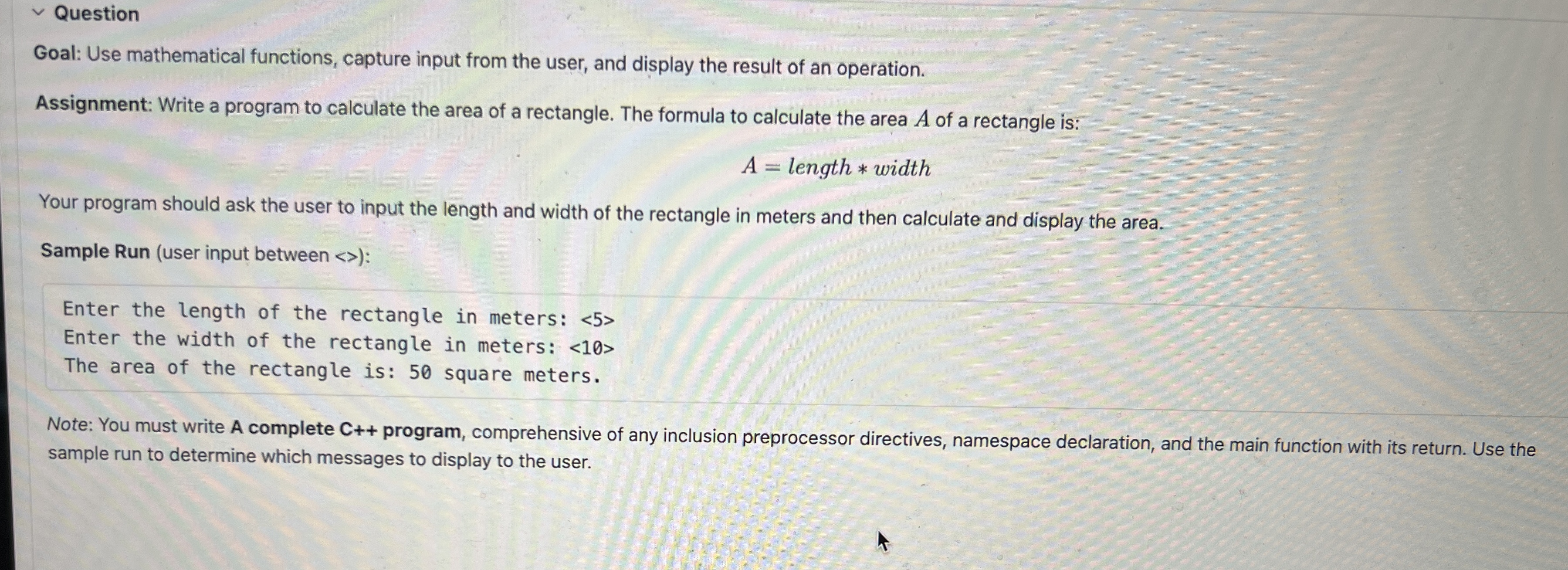 Question Goal: Use mathematical functions,