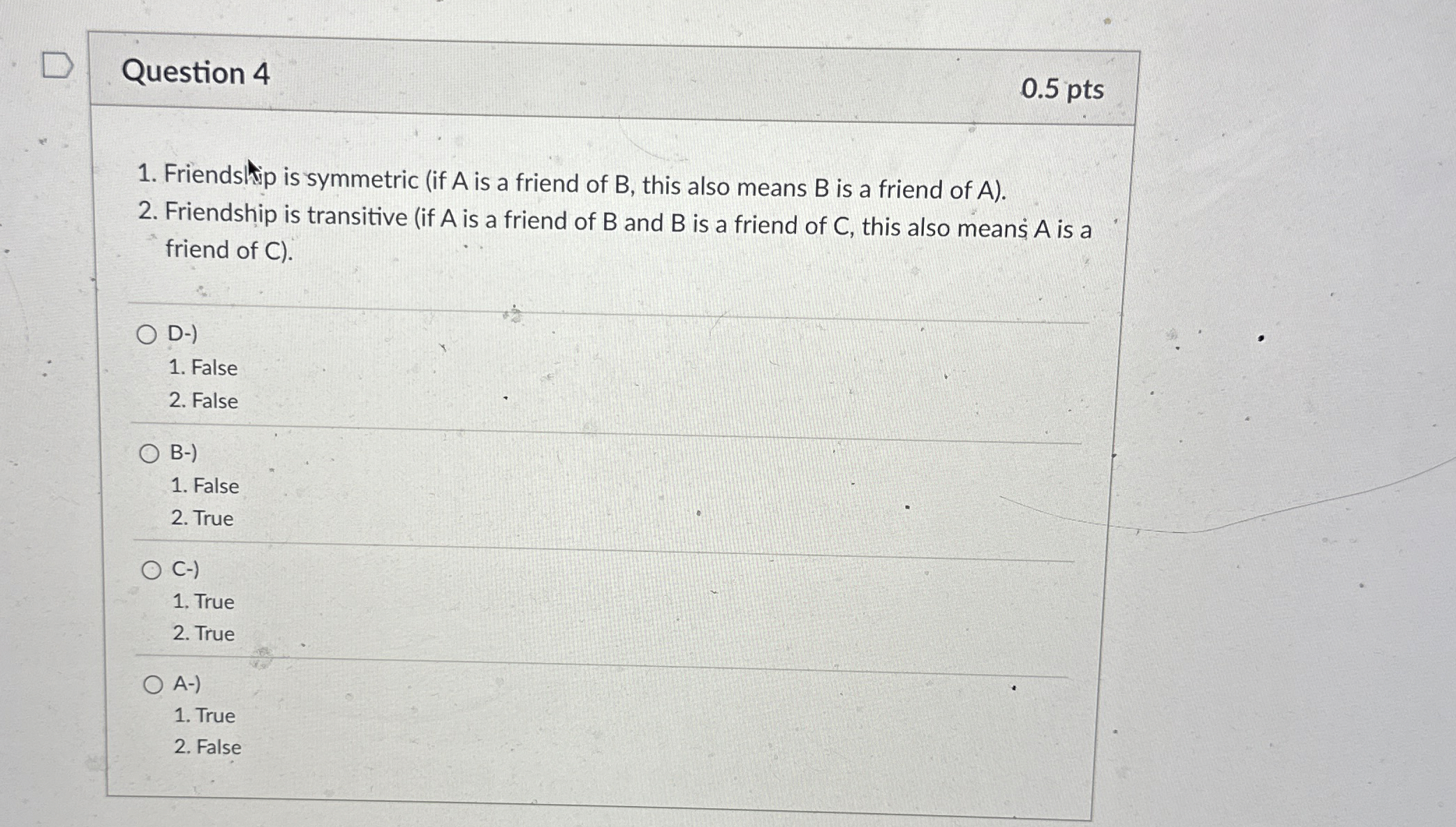 Question 4 Friendstip is symmetric ( if A is a