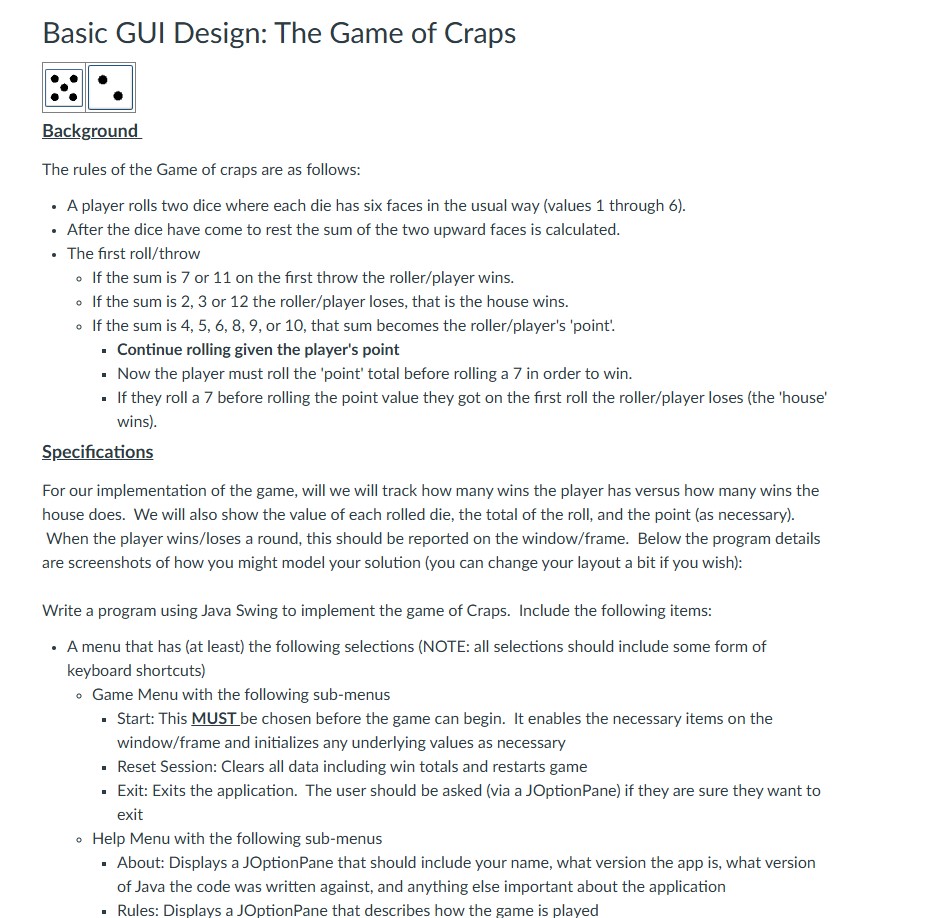 Basic GUI Design: The Game of Craps Background