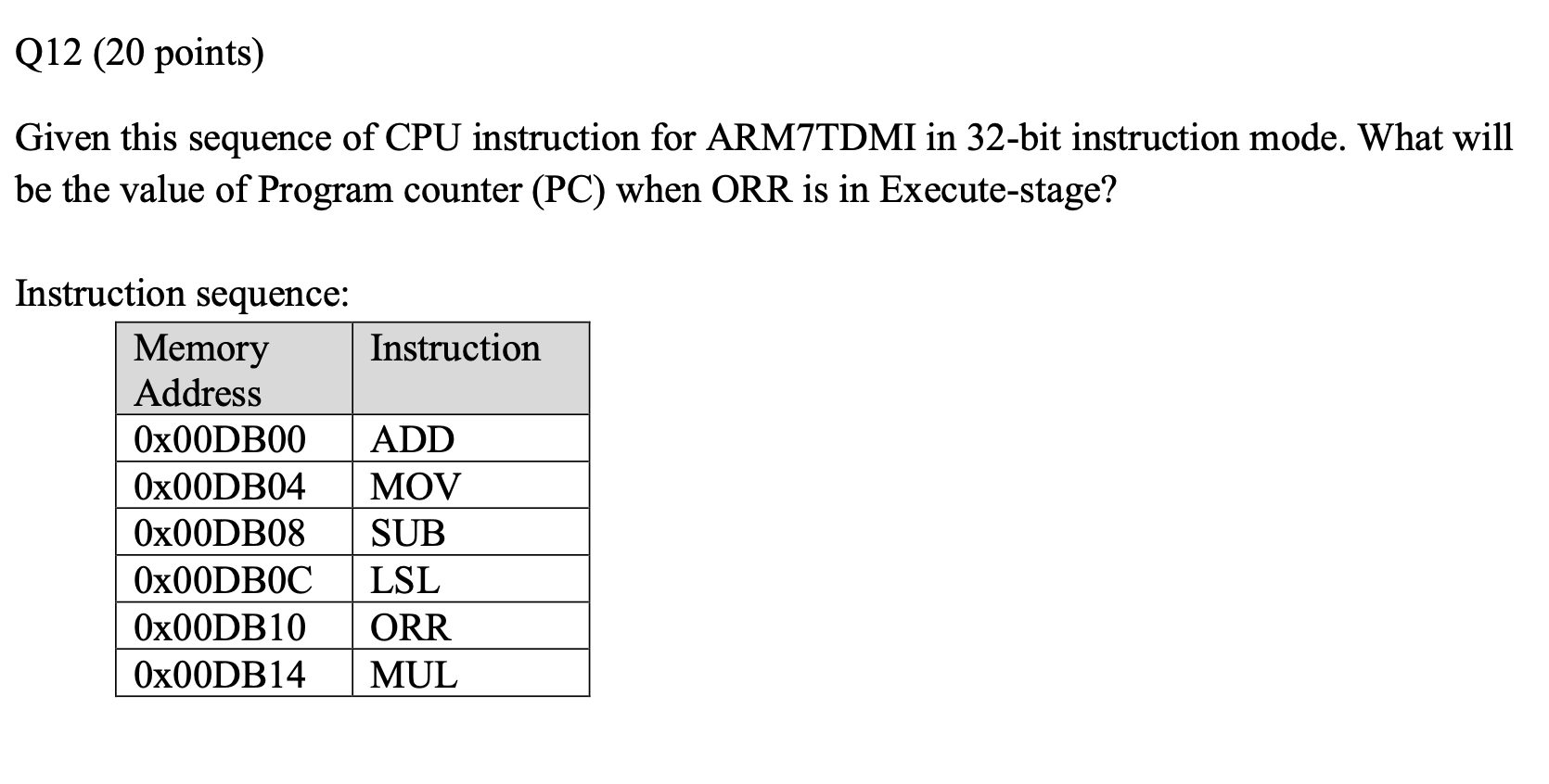 Q 1 2 ( 2 0 points ) Given this sequence of CPU