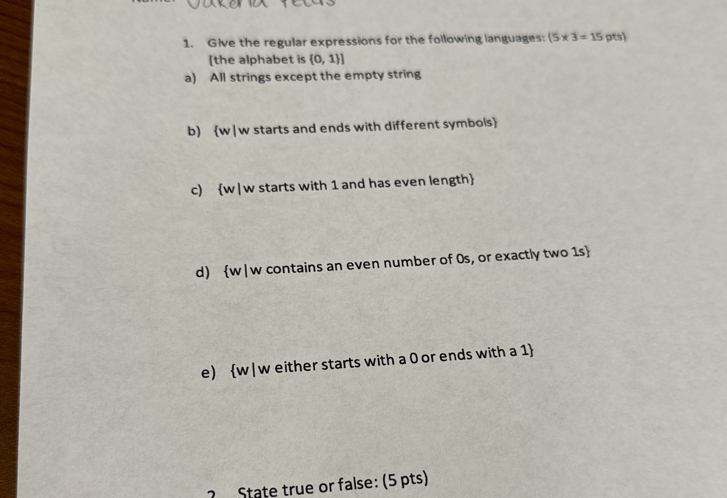 Give the regular expressions for the following