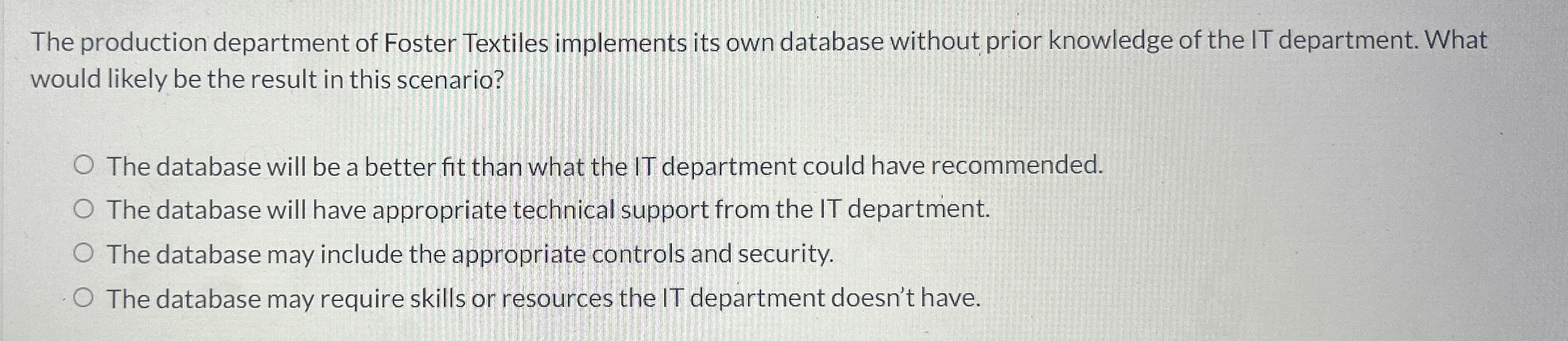 The production department of Foster Textiles