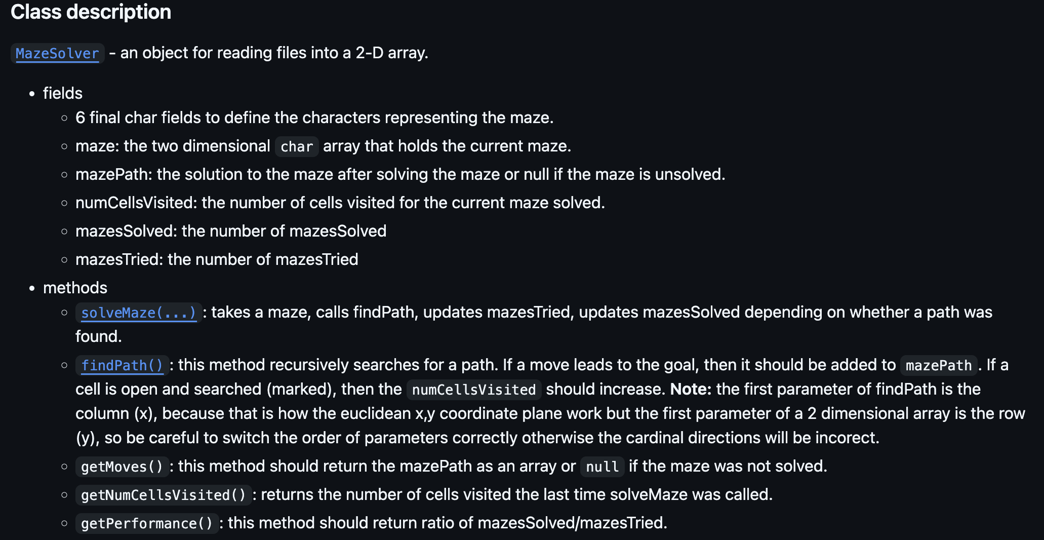 ooClass description MazeSolver - an object for