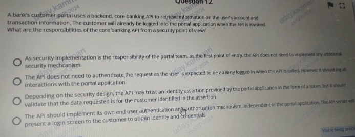 A bank's customer portal uses a backend, core