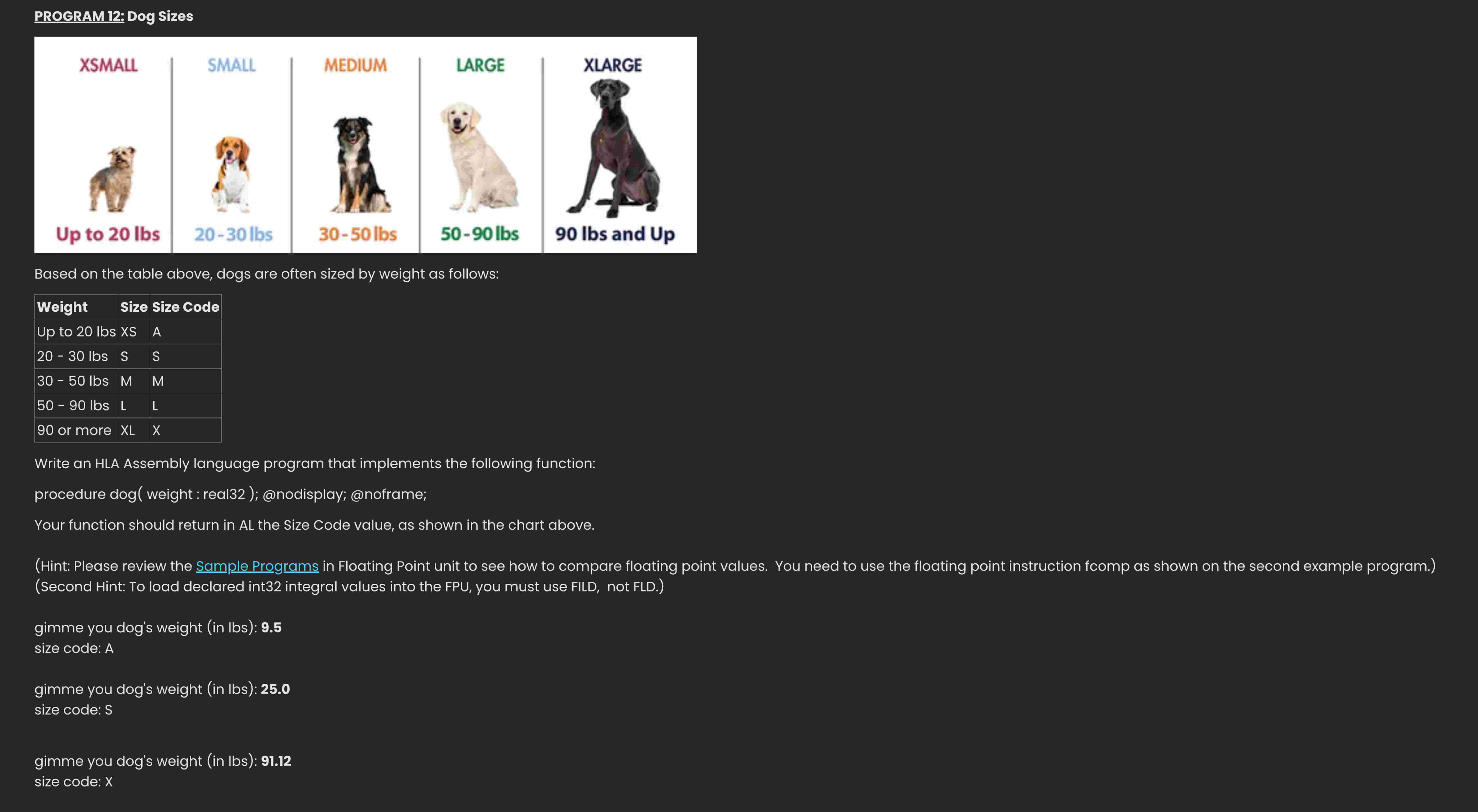 PROGRAM 1 2 : Dog Sizes Based on the table above,