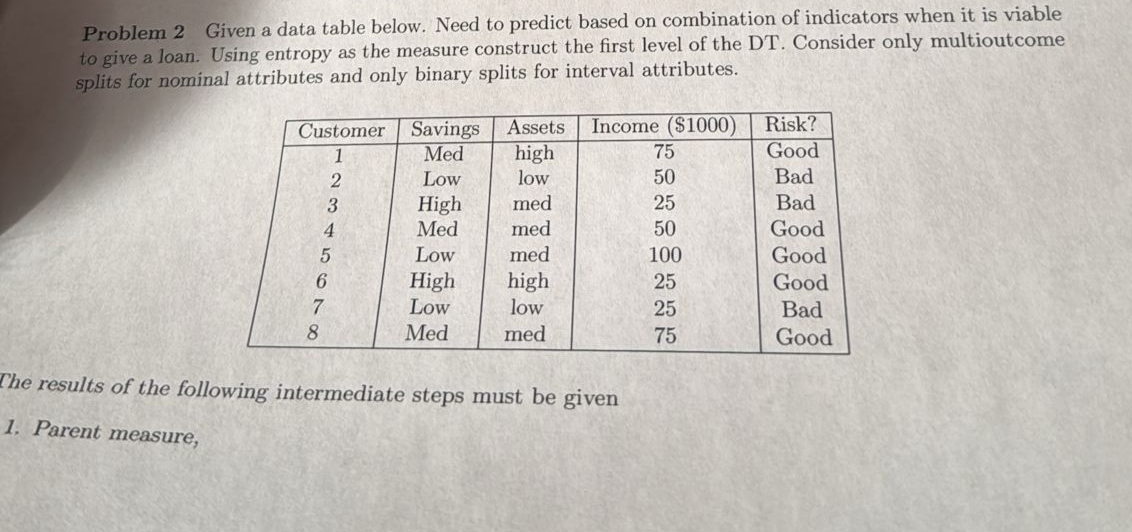 Problem 2 Given a data table below. Need to
