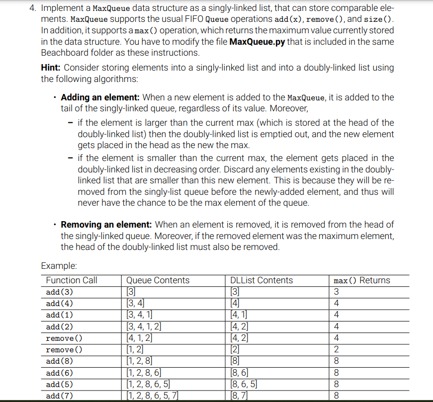 Implement a MaxQueue data structure as a singly -