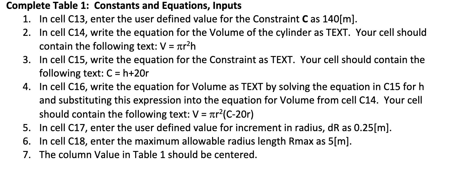Complete Table 1 : Constants and Equations,