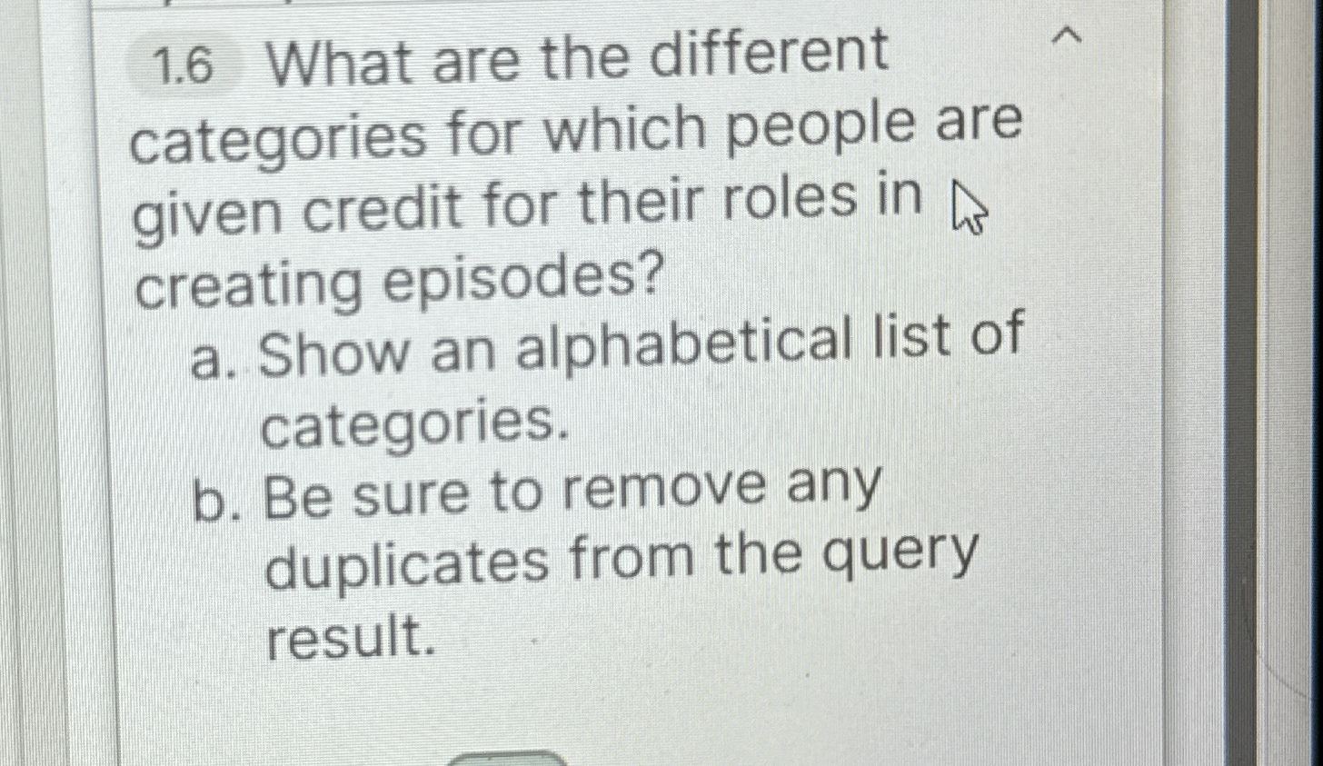 1 . 6 What are the different categories for which