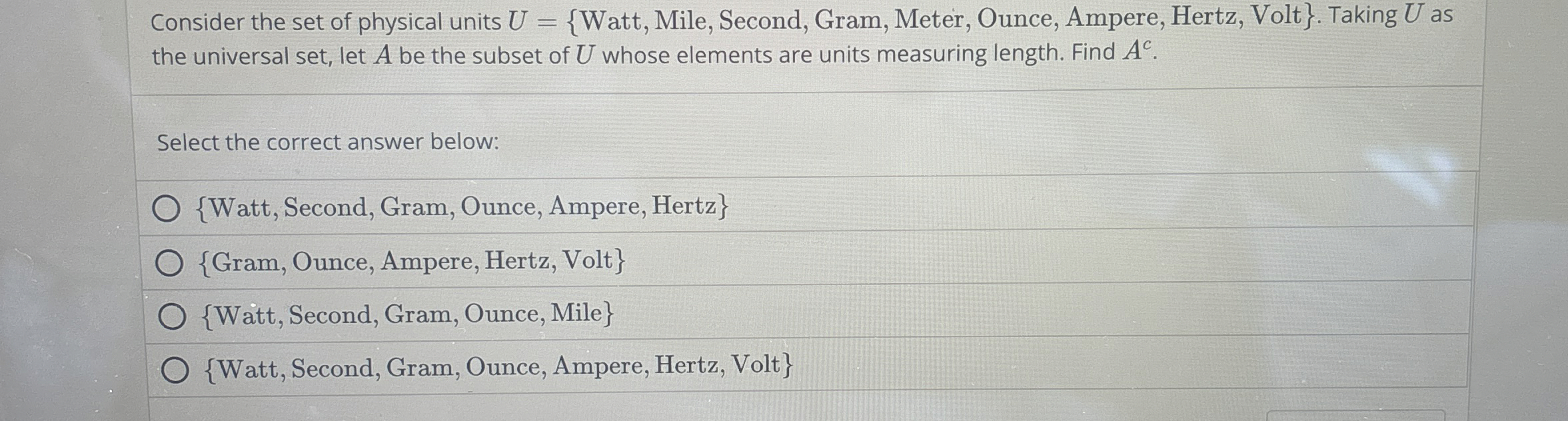 Consider the set of physical units Watt, Mile,